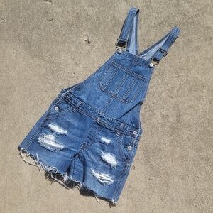 American Eagle Outfitters Distressed Blue Denim Short Overalls